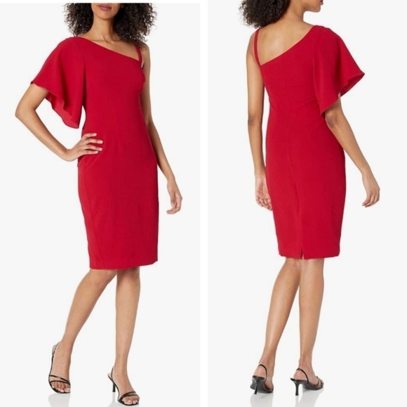 Trina Turk Upbeat One Flounce Shoulder Sheath Dress In Sangria - Picture 1 of 9